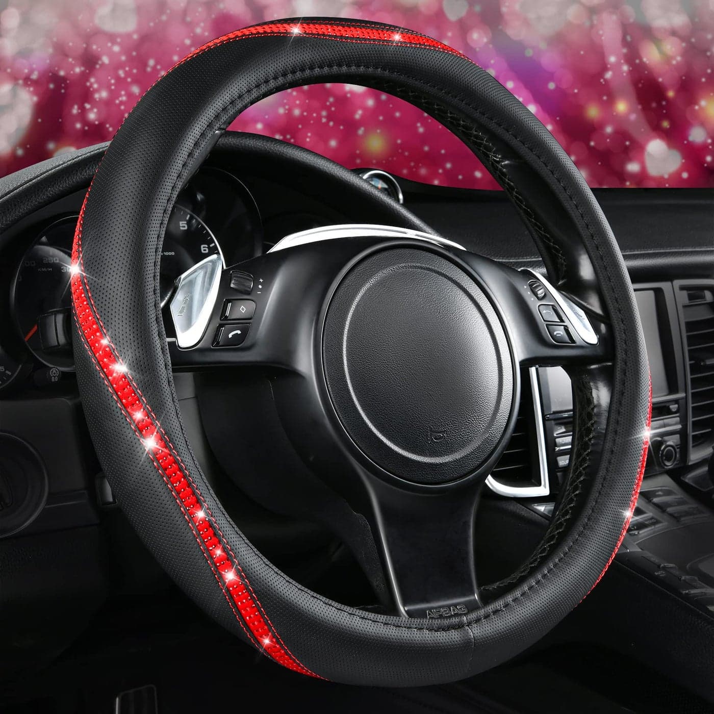 CAR PASS Bling Diamond Black Leather Steering Wheel Cover Studded Crystal Rhinestones Universal Fit 14 1215 Glitter for Women Sparkle Girl Fit SuvsVansSedansCarTrucks Red Diamond