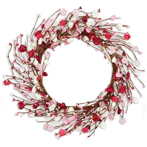 WreathDream Valentine's Day Wreath for Front Door Heart Shaped Berry Wreath with Wooden Floret,Berry for Front Door Indoor Outdoor Wedding Anniversary Party Home Wall Window Festival Decoration