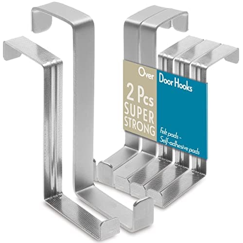 4smile Over The Door Hooks, 3 + 2 Pack - 2-Sided Stainless Steel Coat Hanger Fits Door 1 3/8" & 1 3/4", Towel Holder with Anti-Scratch & Anti-Slip Pads - Hooks for Hanging for Daily Use, Wreath Hanger
