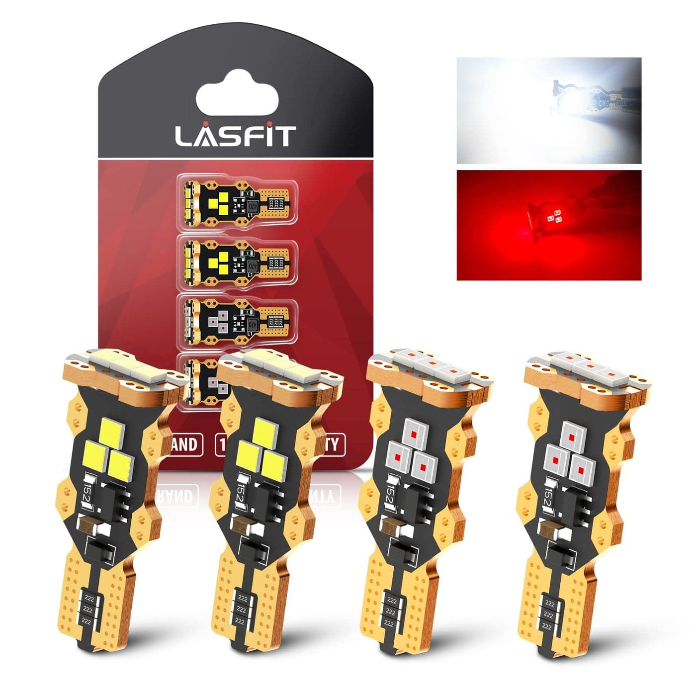 LASFIT 912 921 LED Bulb Reverse Light Backup Light White and Third Brake Bulbs Light Red Combo T15 W16W Canbus Error Free LightNonPolarity 4 PCS