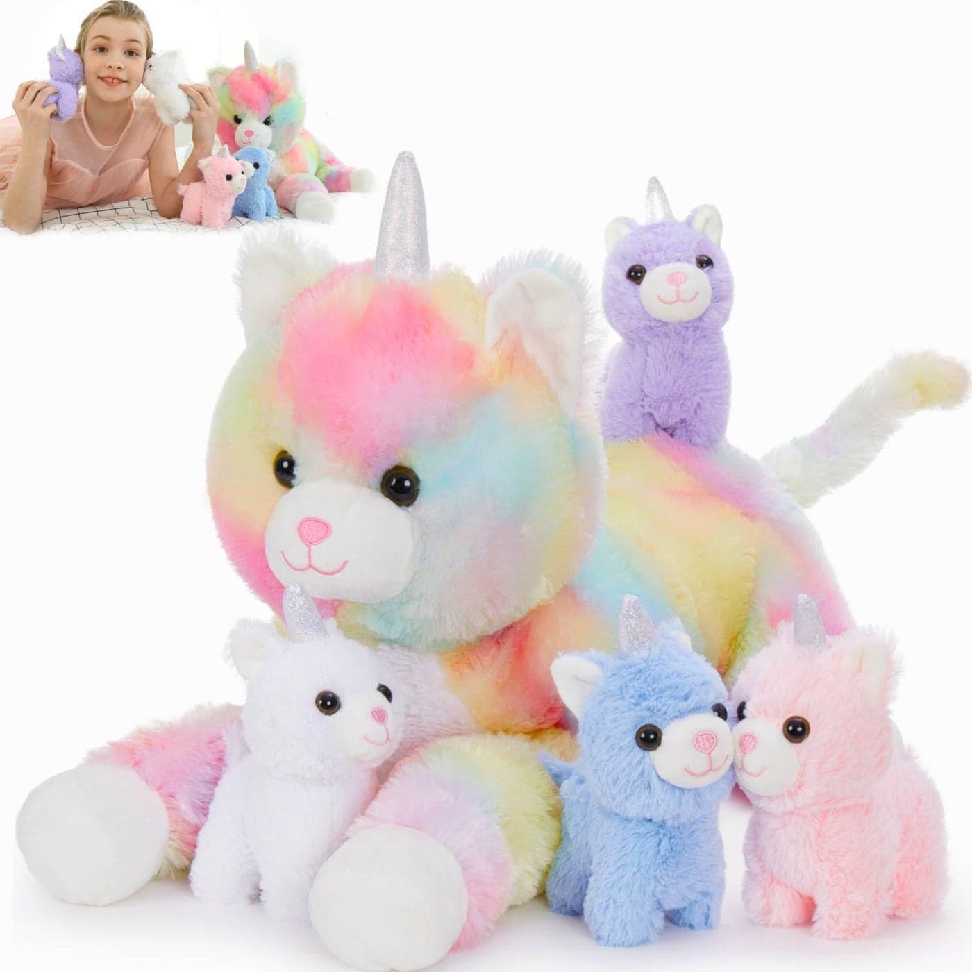 MorisMos Unicorn Kitty Cat Stuffed Animal with Caticorn Babies, 24'' Mommy Cat and 4 Baby Kitten Stuffed Animals, Rainbow Cat Unicorn Plush Pillow, Kitty Unicorn Plush Toy for Girls Boys Birthday Gift