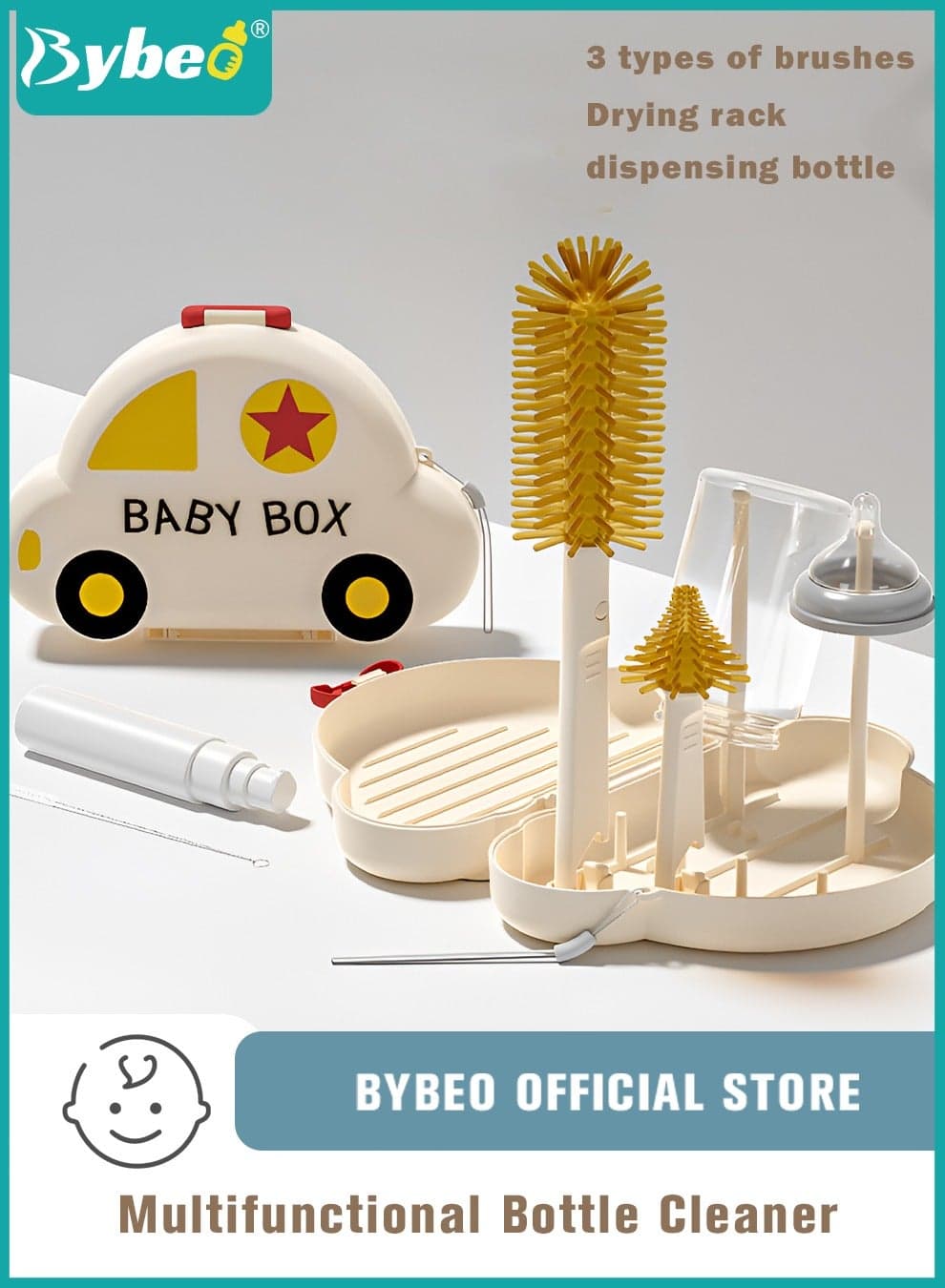 6 in 1 Baby Bottle Cleaning Brush Set, Travel Baby Bottle Brush Cleaner Set with Silicone Bottle Brush x Nipple Brush x Dispenser Bottle x Straw Brush x Drying Rack x Storage Box
