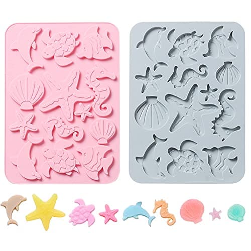 Marine Theme Silicone Fondant Mold Pack of 2, Ocean Seashell Starfish Coral Seahorse Sea Turtle Dolphin Under the Sea Style Handmade Soap Mold Pastry Baking Tools for Cookie Chocolate Cake Decor