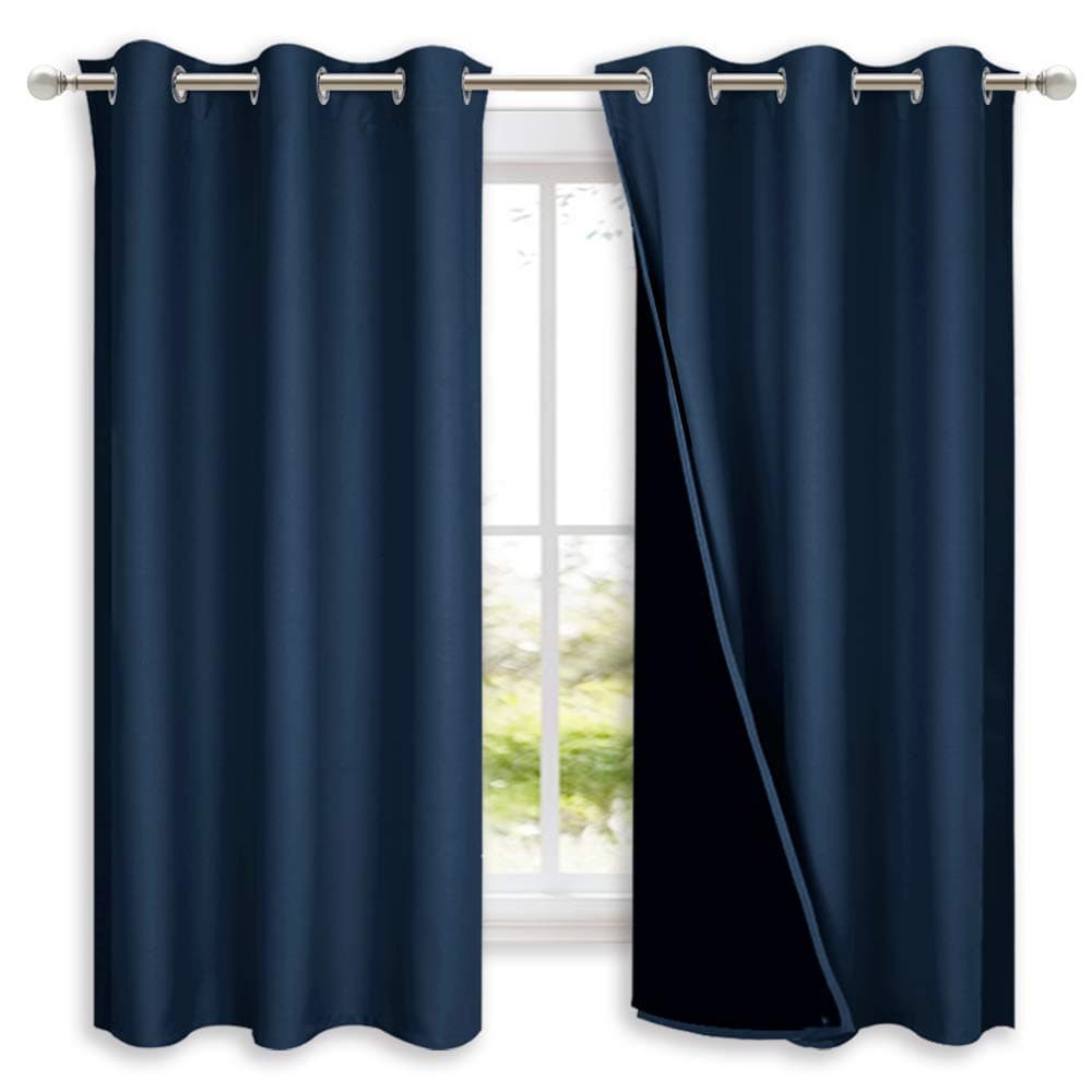 NICETOWN 100 Blackout Curtain Panels Thermal Insulated Black Liner Curtains for Nursery Room Noise Reducing and Cold Blocking Drapes for Windows Set of 2 Navy Blue 42 Wide by 63 Long