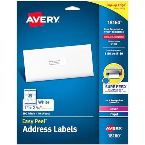 Avery Easy Peel Printable Address Labels with Sure Feed, 1" x 2-5/8" Customizable Stickers, White, 300 Blank Mailing Labels, Great for Mailing, Shipping, and More (18160)
