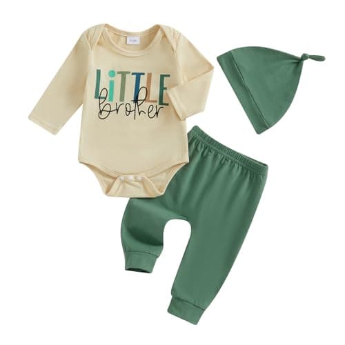 Baby Boy Outfit Newborn Little Brother 3 6 9 12 18M Romper Infant Letter Print Onesie+ Pants+Hat 3PCS Clothes (Beige, 0-3M)