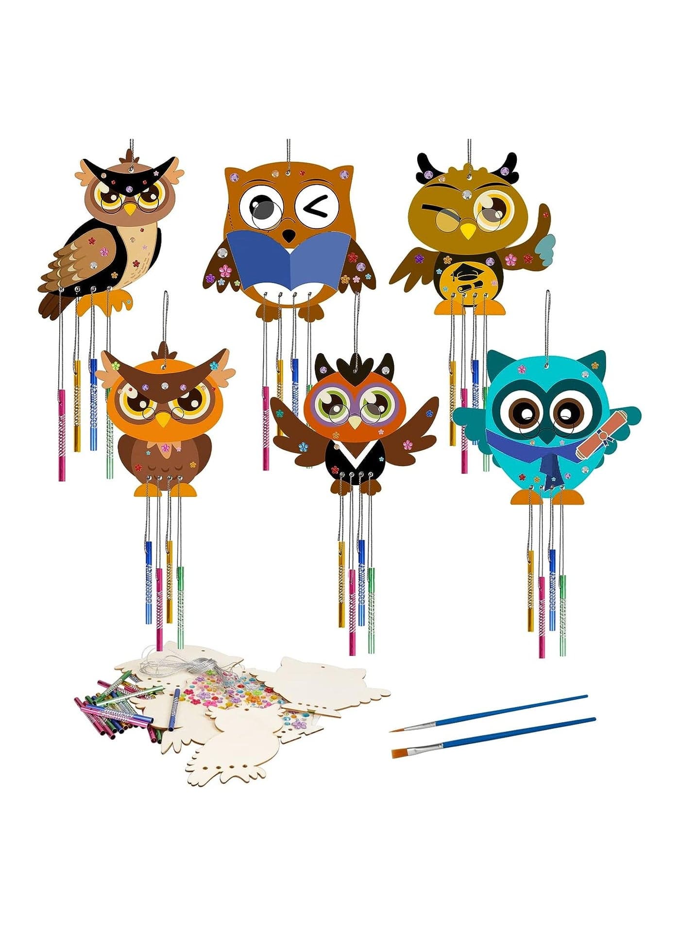 6 Sets Owl Wooden Wind Chimes Kits Kids DIY Windchimes for Graduation Arts Crafts Garden Home Decoration Kids DIY Woodland Animal Windchimes Wildlife Kids to Paint and Hang