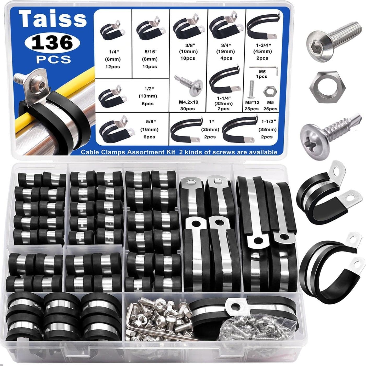 Taiss 136PCS Cable Clamps Assortment Kit 304 Stainless Steel Rubber Cushion Pipe Clamps 10 Sizes 14 516 38 12 58 34 1 114 112 134 Metal Wire Clamps with Two Kinds of Screws