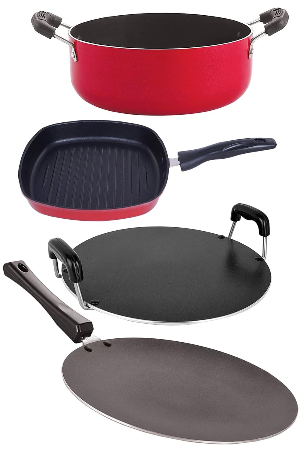 Nirlon Nonstick Aluminium Cookware Essential Gift4 Pieces Set fer with Bakelite Handle (1 Concave Tawa 27.5cm /1 Round Tawa 28.5cm/1 Grill Pan 22.5cm/1 Casserole 3.1 LTR) (CT11_RT_GP22.5_CS24)