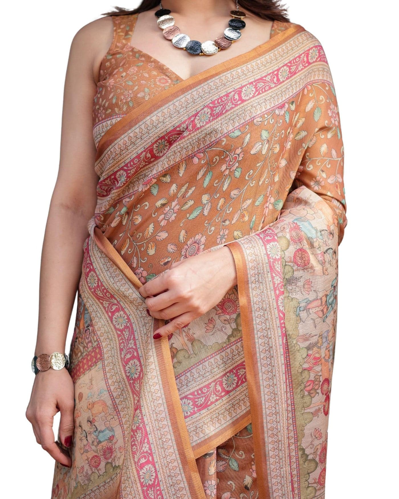 ALMAARI FASHION Women's Floral Printed Handloom Cotton Silk Saree with Zari Border and Tassel Pallu Unstitched Blouse Piece | Traditional Ethnic Wear Sarees | Women saree silk | Festive Sari Women's