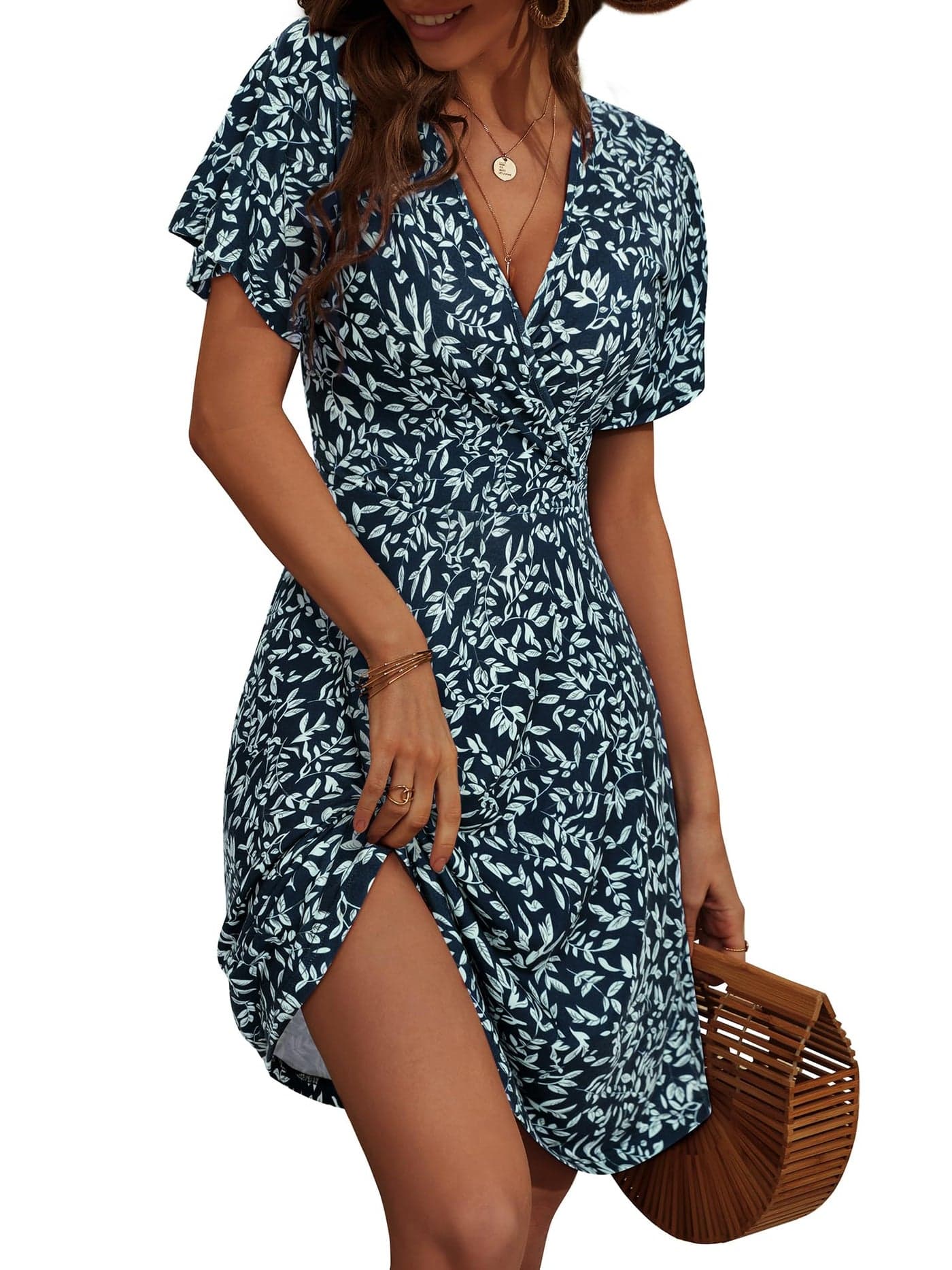 FENSACE Casual Summer Dresses for Women Navy Blue Aline Beach Dress(Floral-15,Small)