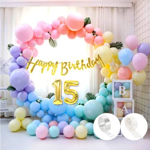 Flyloons 15th Pastel Happy Birthday Decoration for Girls Kids Boys with Glitter Golden Happy Birthday Banner, Pastel Balloons, Glue dots, Arch Tape for Balloons birthday decoration items for room…