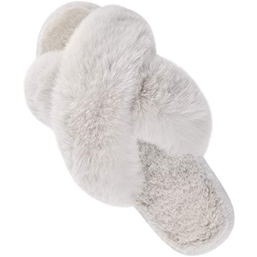 Parlovable Women's Fuzzy Slippers Comfy Cross Band House Shoes Memory Foam Open Toe Indoor Gifts for Ladies Light Grey 9-10