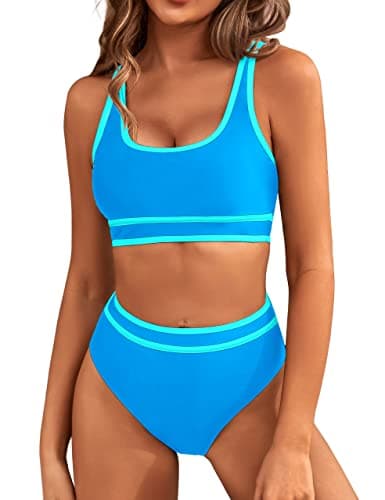 BMJL Women's High Waisted Bikini Sets Sporty Two Piece Swimsuits Color Block Cheeky High Cut Bathing Suits(XS,Blue)