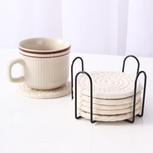TIED RIBBONS Set of 6 Coasters with Holder (Cotton, 4inch) - Woven Absorbent Coasters for Drinks Minimalist Home Décor Tabletop Coffee Tea Coaster Perfect Bar Essentials Housewarming Gift Item