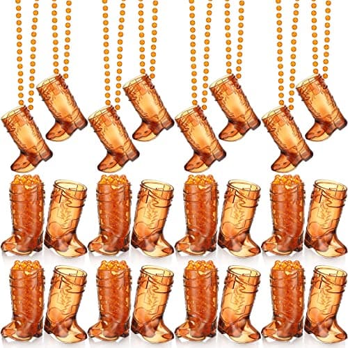Sieral 24 Pcs Cowboy Boot Shot Glasses on Beaded Necklace Plastic Reusable Cowgirl Shot Boot Glasses Necklace Party Cups for Cowboy Cowgirl Bachelorette Carnival Western Birthday (Transparent Brown)