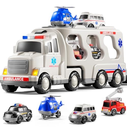KIZONLY Ambulance Truck Toys Set for Kids Toddlers 13 35 Years Old Carrier Truck Playset with Toy Cars Light and Sound City Learning Toys for Toddlers Birthday Gifts for Boys Girls Aged 24 48
