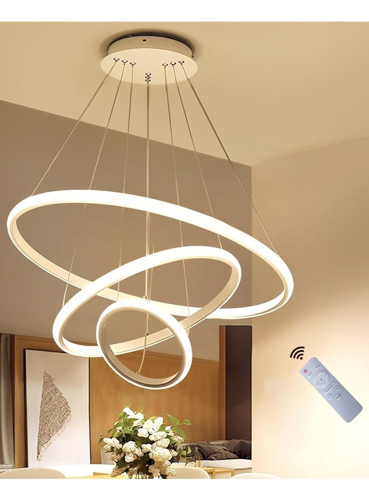 3 Rings Modern LED Chandelier, Pendant Lamp LED Ceiling Lighting Fixtures Living Room Farmhouse Kitchen, Adjustable Height Chandeliers for Dining Room Bedroom Hallway