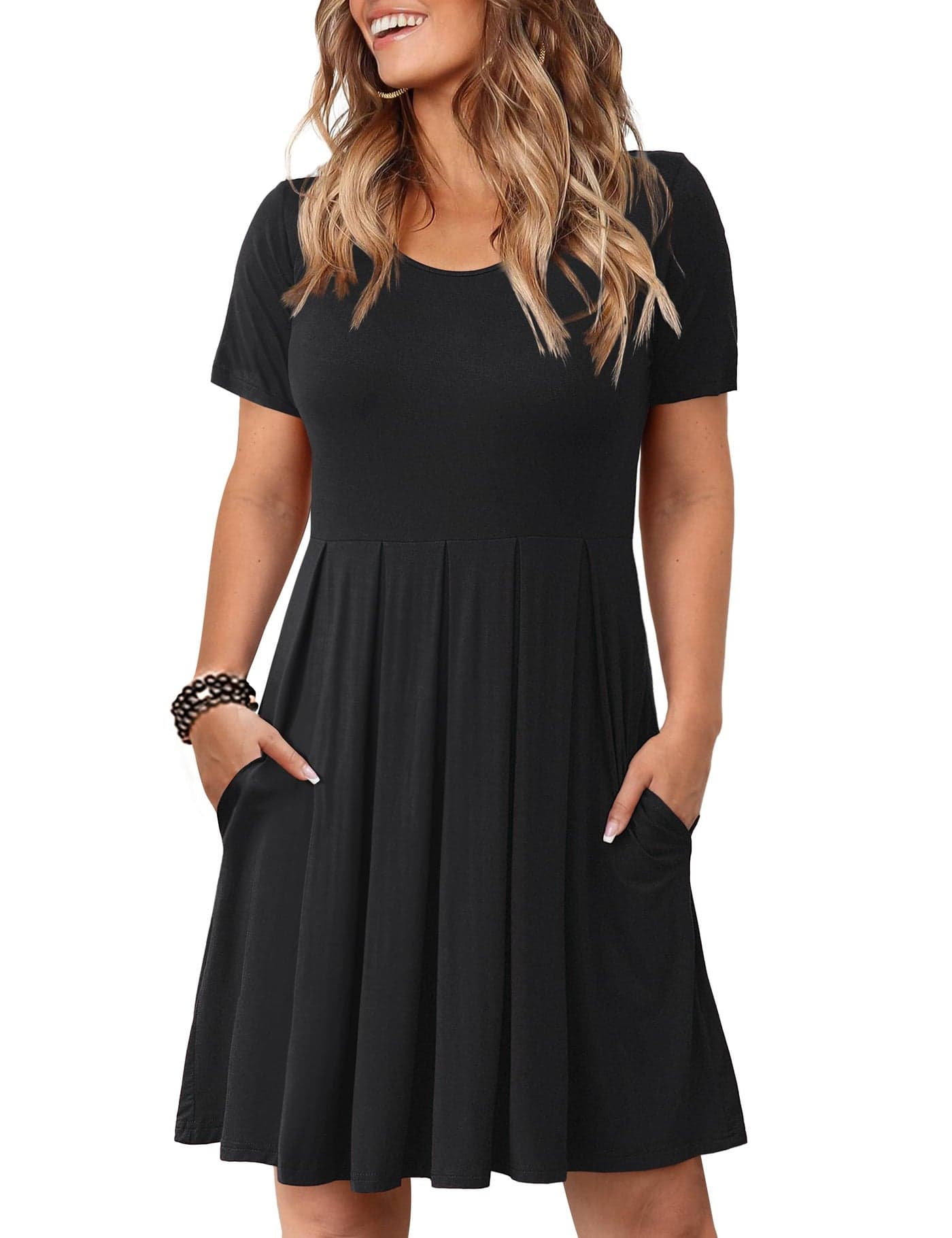 Tralilbee Women's Plus Size Short Sleeve Pleated Loose Swing Casual Dress with Pockets Knee Length Black 2XL