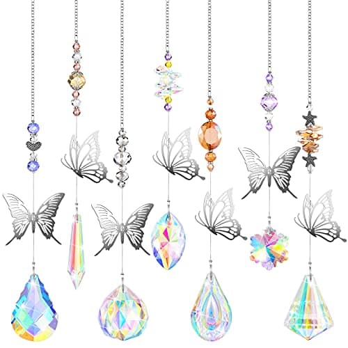 Hicarer 7 Pieces Crystals Suncatcher Butterfly Prism Sun Catchers Colorful Crystal Chandelier Rainbow Pendant Christmas Tree Decor Wall Hanging Window Ornament