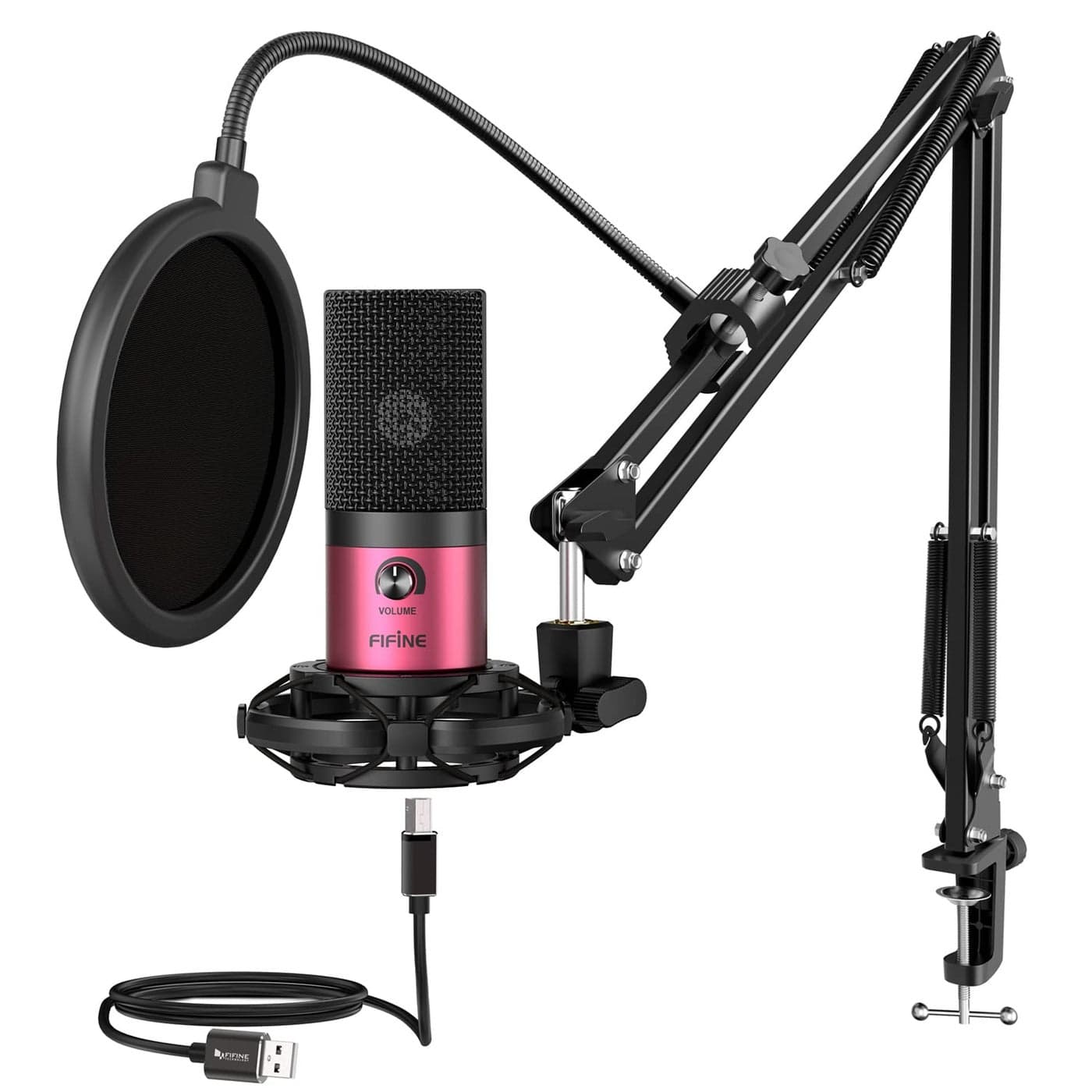 FIFINE Podcast Microphone Kit-USB PC Computer Recording Microphone, Condenser Mic Set for Streaming, Gaming, Voice-Over, Meeting, with Arm Stand, Shock Mount, Pop Filter-T669 Rose Red