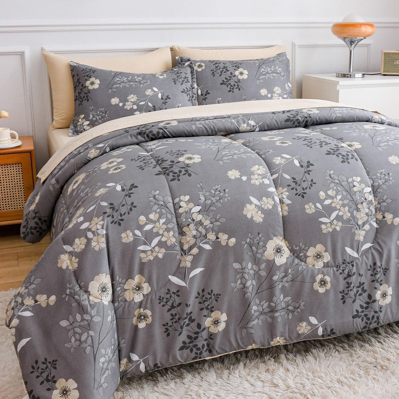 AIKASY Grey Queen Bed in a Bag 7Pieces Comforter Set with SheetsTree Branches and Flowers Printing DesignUltra Soft Down Alternative All Season Bedding SetQueen Grey
