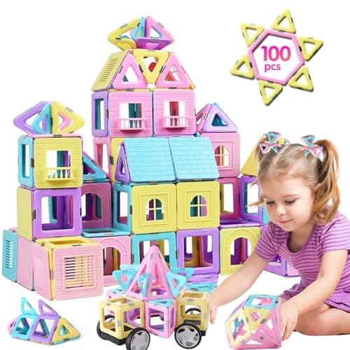 TOKBLOK Magnetic Tiles Toys for 3 4 5 6 Year Old Girls Boys 100Pcs Macaron Magnet Building Blocks Set for Toddler STEM Educational Toys for Kids Birthday Gifts Castle Car Set