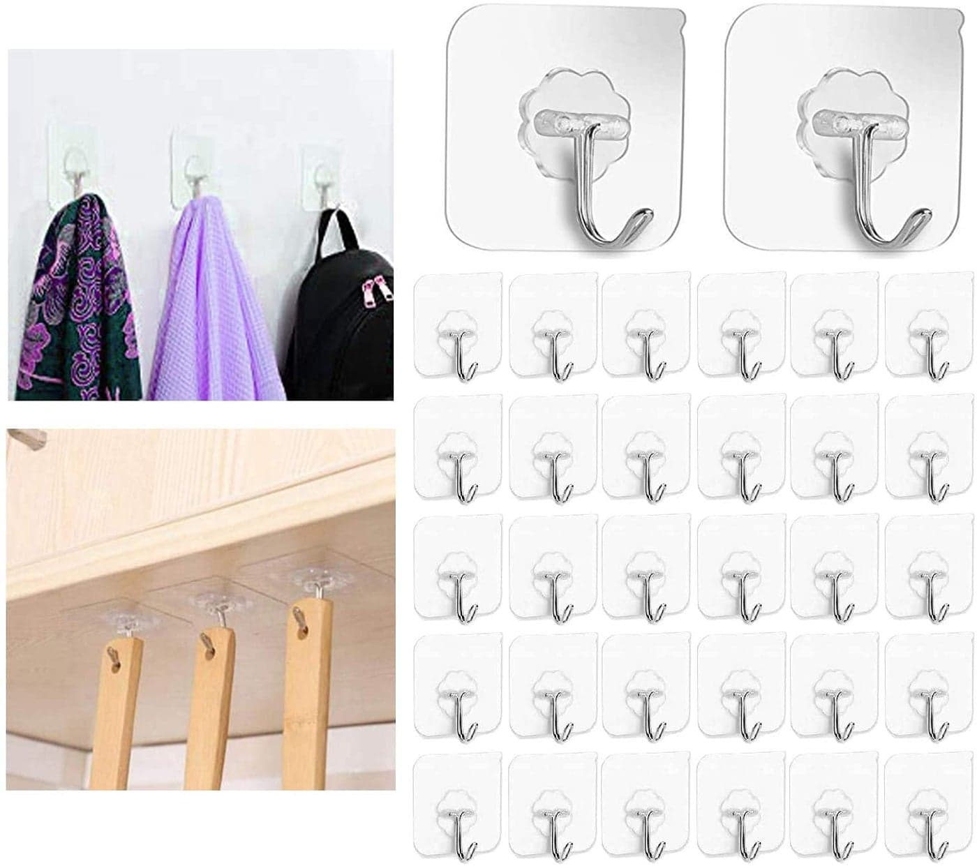 Styxon 30 PCS Adhesive Hooks Wall Hanger Hook Bathroom Kitchen Transparent Reusable Seamless Scratch Wall Hooks for Towel Loofah Bathrobe Coats Ceiling Hanger Pack 30