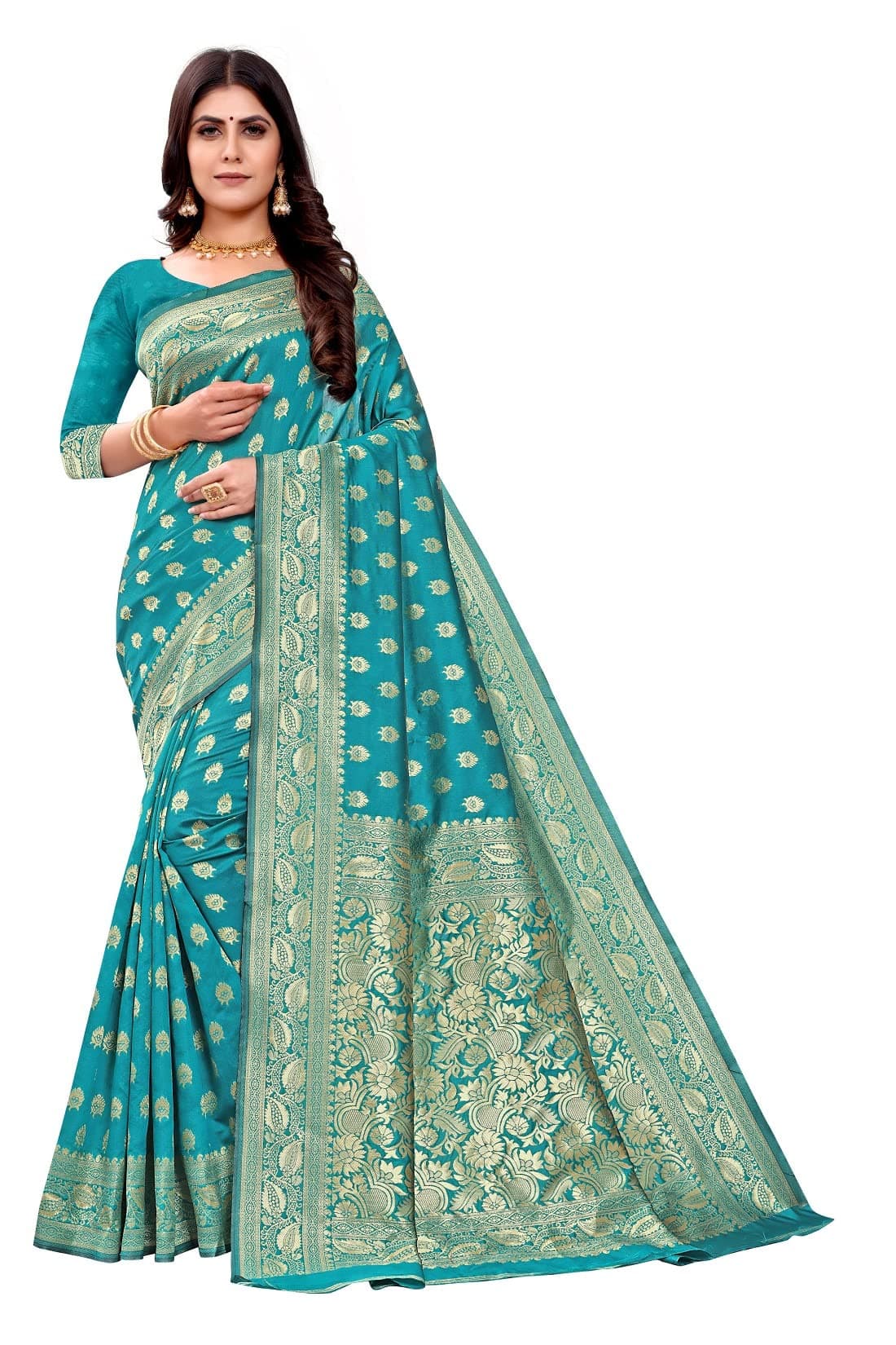 C J Enterprise Women's Banarasi Saree Pure Kanjivaram Silk Saree Soft Design Wear Pattu Sarees Latest Cotton With Blouse Piece for Wedding sari collections sadi new ladies 2025 (Pari-S-1) (Firozi)