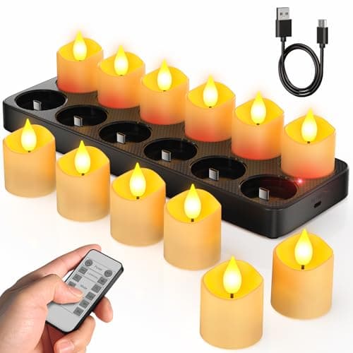 SoulBay Flameless Candles with Remote Timer Charging Base 12pcs USB Rechargeable Battery Flickering LED Small Votives Lights for Table Dinner Weddings Holidays General Decor No Battery Required
