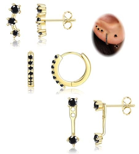 FIASASO 3 Pairs 925 Sterling Silver Hypoallergenic Earrings for Women Trendy - 14K Gold Plated Stud Hoop Cartilage Earrings Set Small Earring Stacks for Sensitive Ears Non Tarnish Dainty Silver Earring