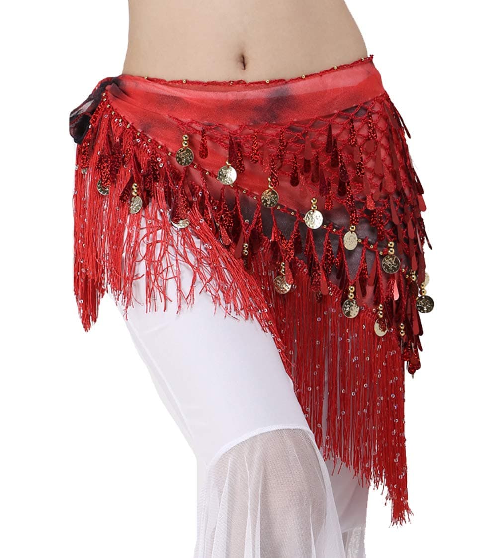 Lauthen.S Belly Dance Hip Scarf with Tassels Sequins, Triangle Coins Wrap Skirt Music Festival Clothing Red