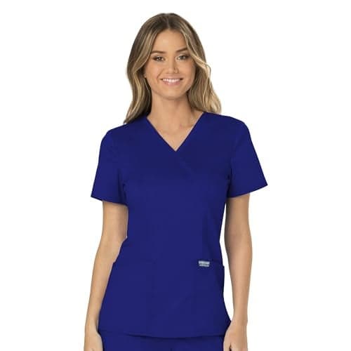 Cherokee Scrubs Top for Women Mock Wrap with 3 Pockets, Soft, 2-Way Stretch & Durable Fabric Plus Size - WW610, 2XL, Galaxy Blue