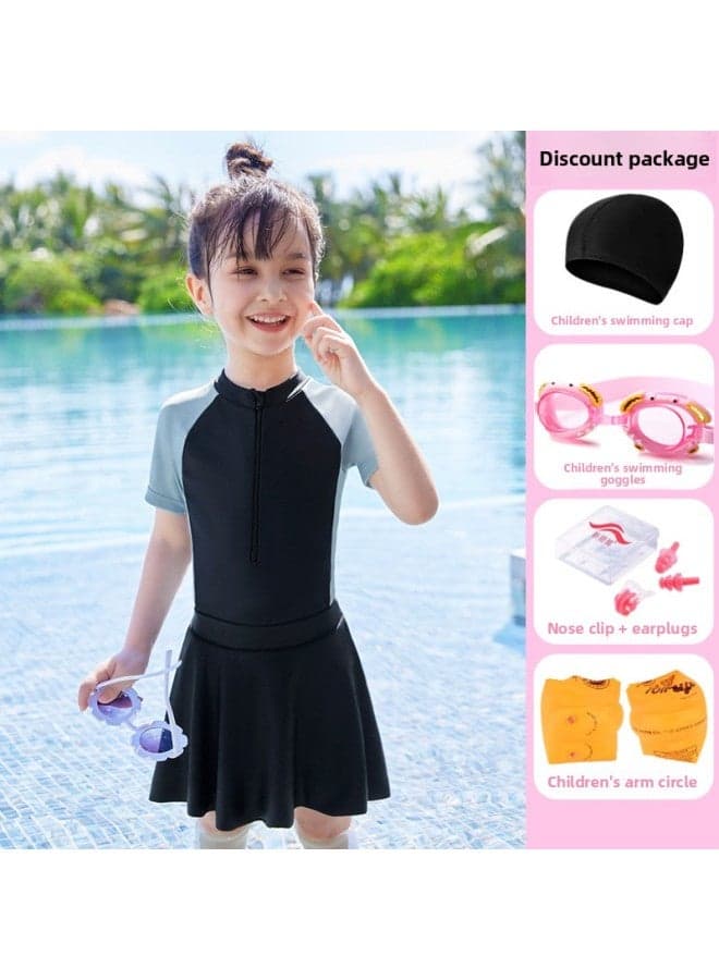Parent-child Swimsuit Female Mother And Daughter Belly-covering Slimming Conservative Girl Girl Skirt Fashion One-piece Boxer Swimsuit-Color:Children-short Sleeve 【detachable Skirt】 Five Piece Set-