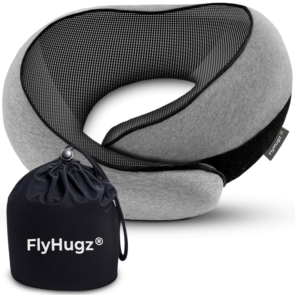 FlyHugz Neck Travel Pillow Memory Foam Neck Pillow for Comfort on Airplane Compact and Ergonomic Design for Travel Car Rides and Home Use Ideal for Adults and Kids