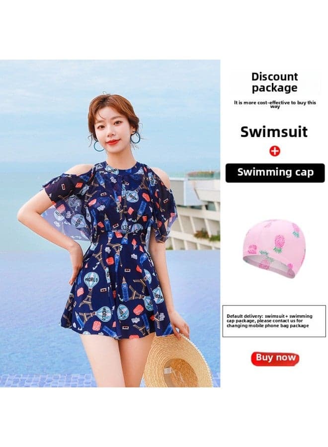 Parent-child Swimsuit Mother And Daughter Conservative One-piece Dress Super Fairy Swimsuit Slimming Meat Covering Small Medium And Large Girls Swimsuit-Color:Adult Dark Blue + Swimming Cap-