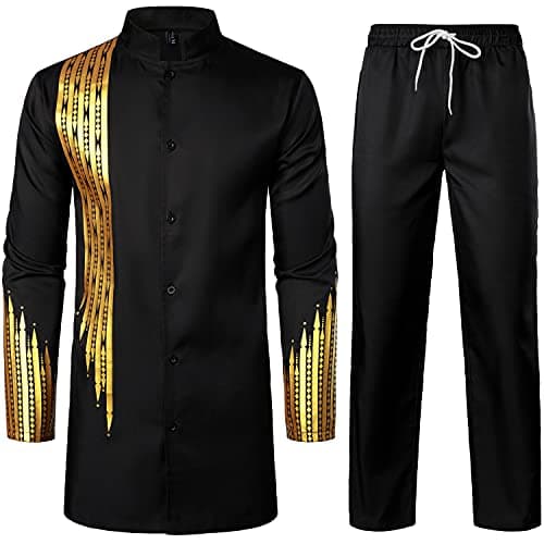 LucMatton Men's African Attire 2 Piece Set Gold Foil Print Button-Up Long-Sleeve Shirt and Pants Suit Dashiki Outfit Black Gold Medium