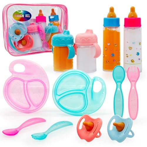 Baby Doll Accessories Magic Bottle set Magic Disappearing Milk Juice Bottles Sippy Cups with Pacifiers Bowl Spoons Doll Bottle Toys Feeding Pretend Playset for Kids Girls Ages 3 Middle set12pcs