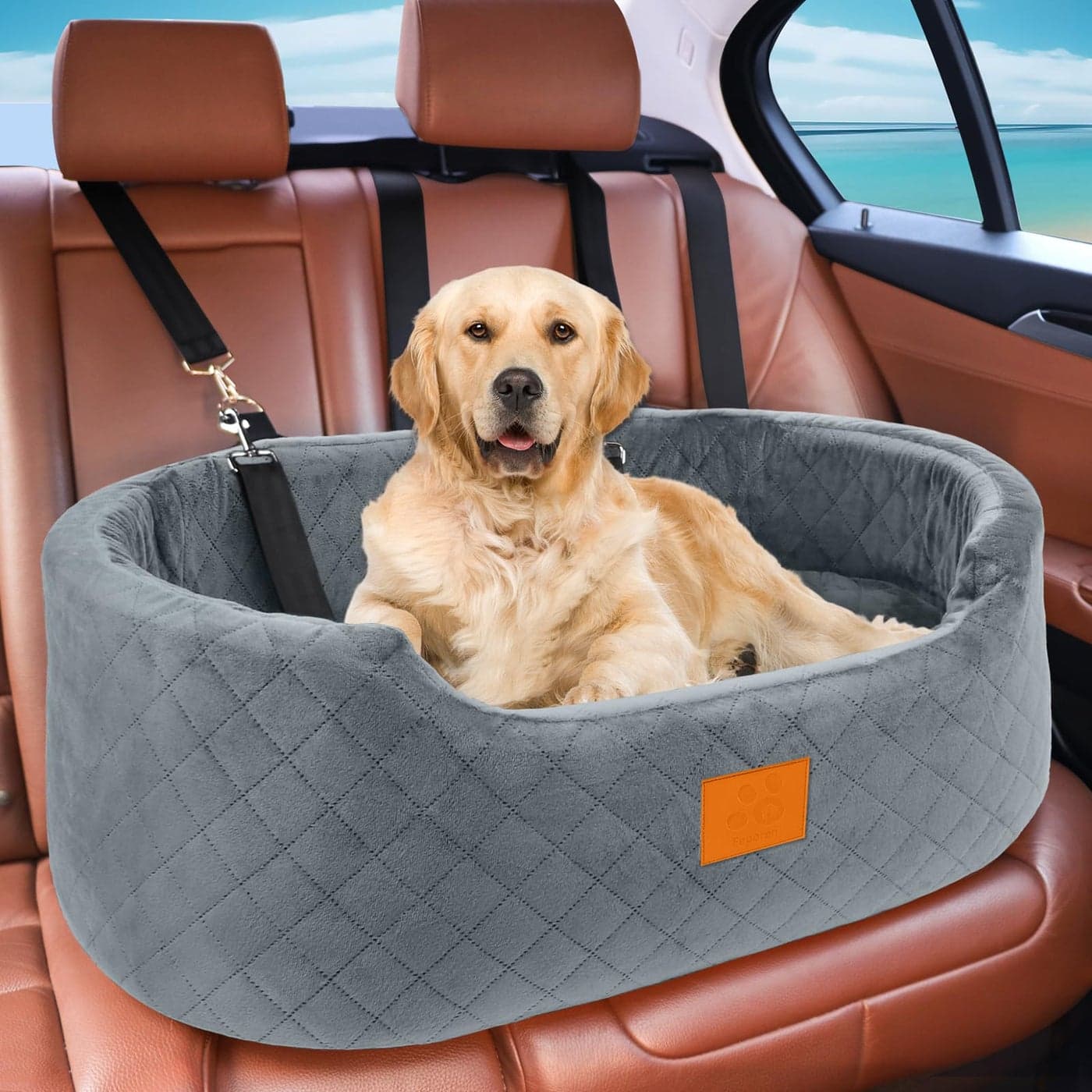 Feporen Dog Car Seat for Medium Large Dogs up to 55 lbs Elevated Booster Seat with AntiSlip Base Detachable MachineWashable Pet Car Bed for SUVSedan Gray