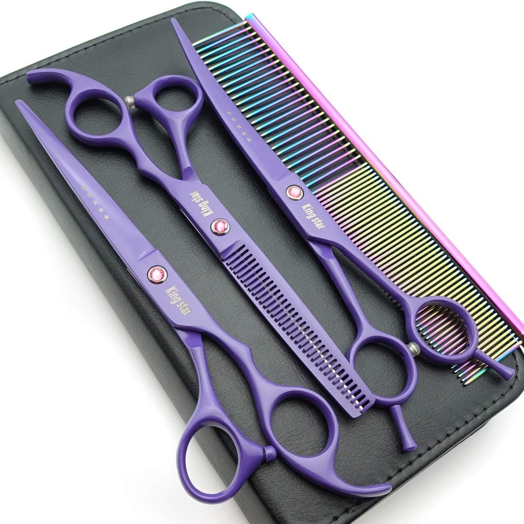 70in Matt Purple Professional Pet Grooming Scissors SetStraight Thinning Curved Scissors Set with CombcaseA429
