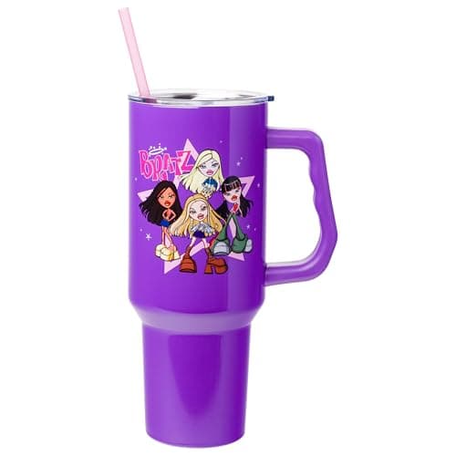 Silver Buffalo Bratz Featuring Cloe, Yasmin, Jade, and Sasha Stainless Steel Tumbler with Handle and Straw, Fits in Standard Cup Holder, 40 Ounces