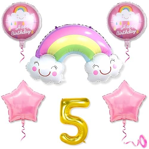 Mystic Toy Store 5th Rainbow Balloons for Birthday Decoration Kit Multicolour 5 year Baby Boys Girls Kids 5 Pcs Rainbow Theme Foil Balloons Decoration Set Items 2 Pcs Pink Star