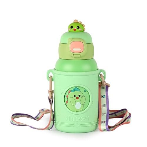 CELLO Kidzbee Babylop Insulated Stainless Steel Flask 500 ml Green | Vacuum Insulated Hot & Cold, Easy Press Open Leakproof & Rustproof, Easy to Carry with Loop Thermosteel Kids Flask Water Bottle