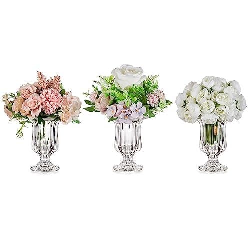 Glasseam Glass Vases for Decor, Small Compote Vase Set of 3, Ribbed Flower Vases for Centerpieces, Fluted Clear Crystal Pedestal Vase for Wedding Table Decorations, 5.7in