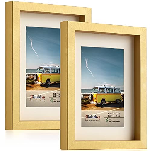 VIOLABBEY 4x6 Picture Frame Gold Set of 2, Photo Frame 4x6 with Mat or 6x8 without Mat, Wall Mount or Table Top, Semi Tempered Glass