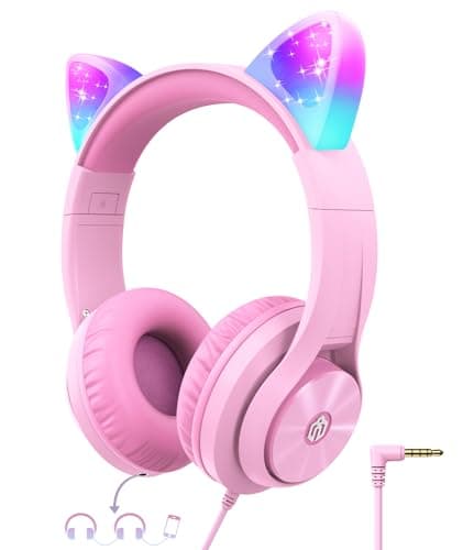 iClever Kids Headphones with Cat Ear Led Light Up, Safe Volume Limite, FunShare, Foldable, Over-Ear Headphones for Kids for School/iPad/Tablet/Travel, Meow Donut-Pink