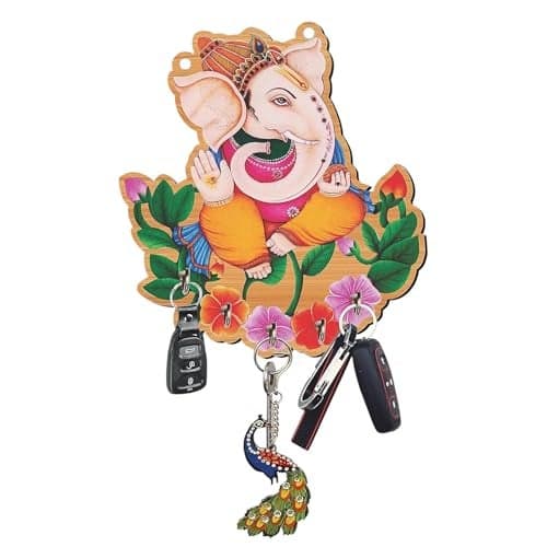 Crafts World CW Ganesha Wooden Wall Key Holder with 6 Stainless Steel Hooks | Decorative Key Hanger for Home Entrance, Living Room, Office | Wall Mounted Key Stand Organizer
