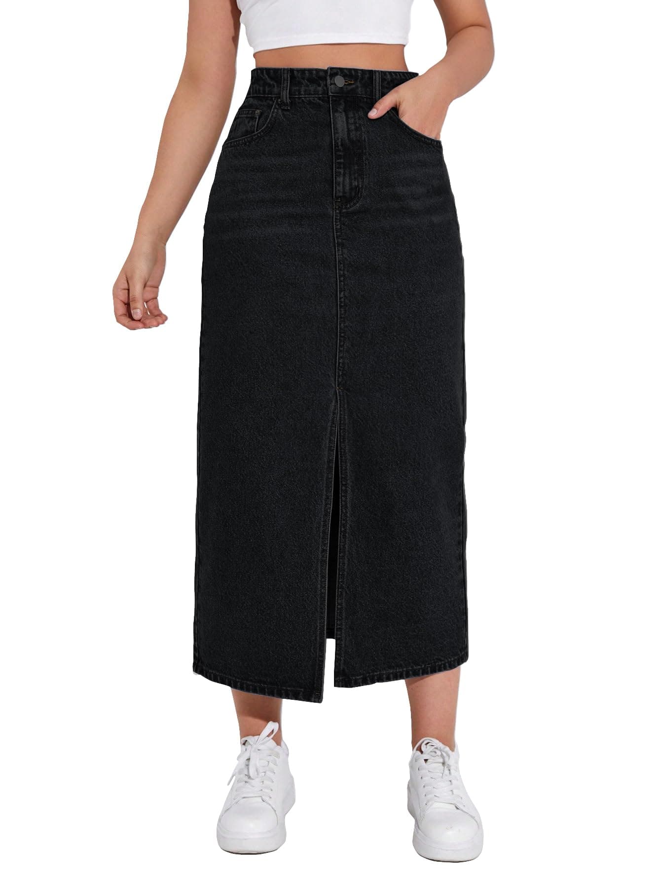 Shasmi Women's Spring/Summer Casual Front Split Thigh Straight Denim Skirt ll Denim Skirt for Women Long ll Skirt & top for Women ll Skirts for Women Long Length (Skirt 159 Black-M)