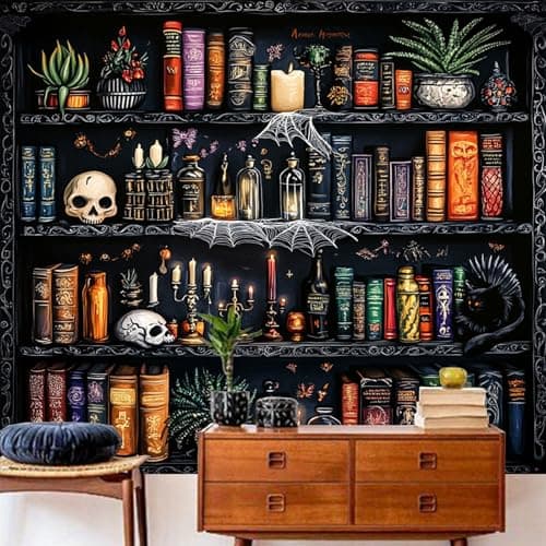 Algasan Magic Bookshelf Tapestry Magical Book Tapestry Gothic Witchy Vintage Library Skull Potion Black Cat Candle Botanical Backdrop for Bedroom Living Room Dorm 59.1 x 51.2 Inches