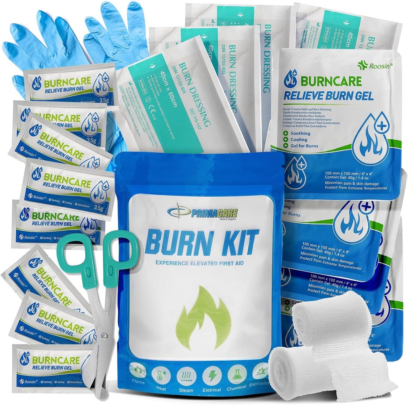 PrimaCare WB7707 Emergency First Aid Burn Kit 22Piece Burn Relief Pack with Burn Gel Dressings Gauze Gloves Scissors Bandages Essential for Home Office Camping Emergency Preparedness